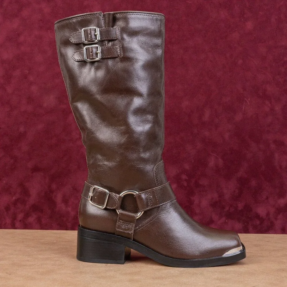 Dolce Vita Women Evi Brown Leather Moto Biker Metal Harness Fashion Boots sz 6.5 - Picture 4 of 9